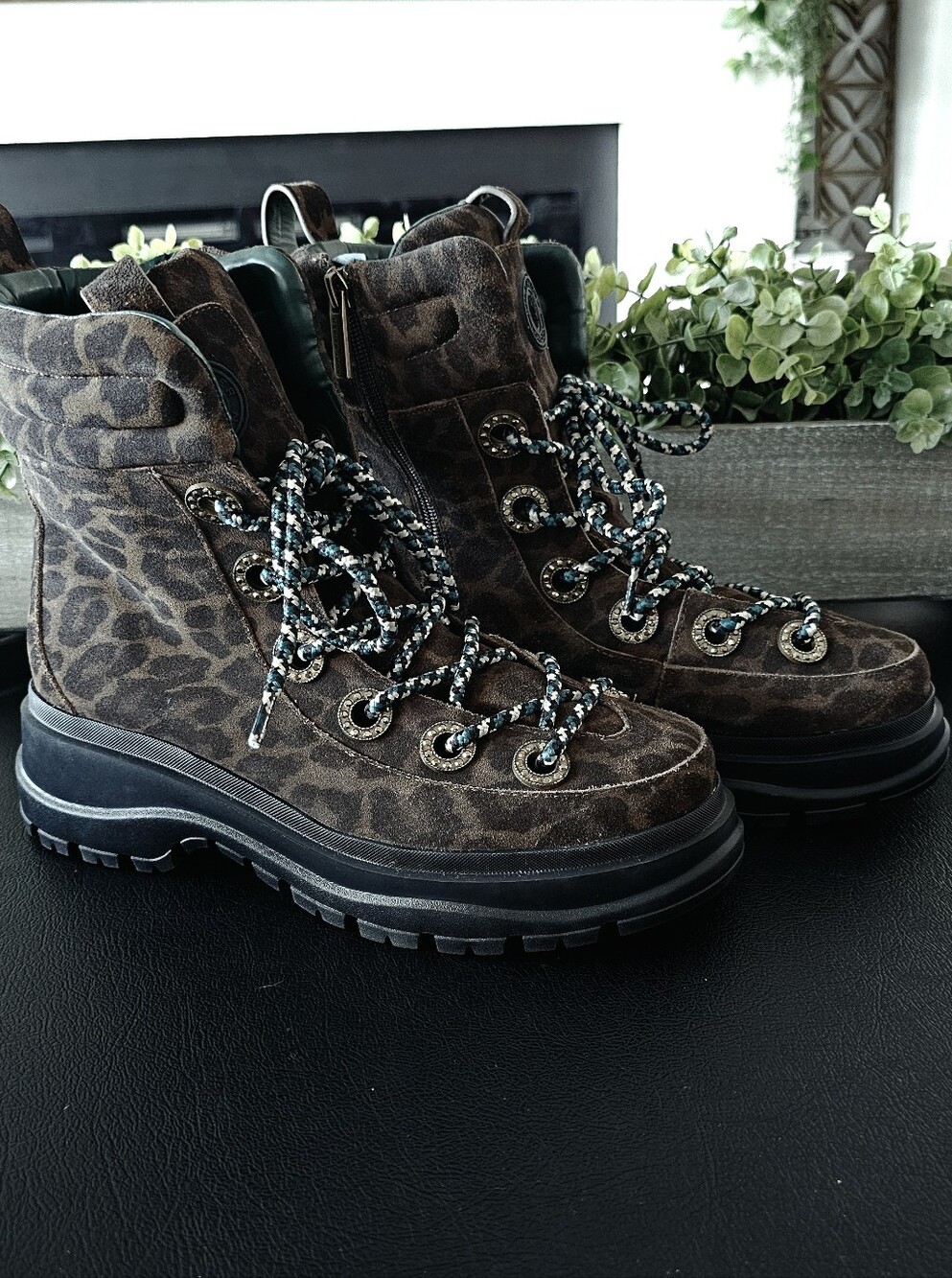 Kurt Geiger Brown Leopard-Print Lace-Up Platform Boots Women's Sz 11 NWOB